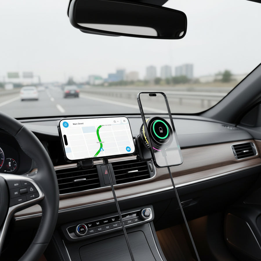 AuraDrive magnetic wireless car charger mounted on an air vent