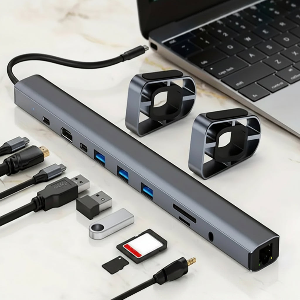 AuraDock USB-C laptop stand hub for a clean desk setup